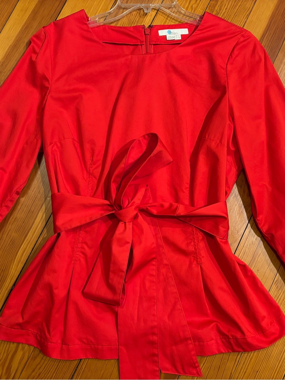 Boden Red Fitted Cotton Top with Flare Waist and Tie Sash - Like New